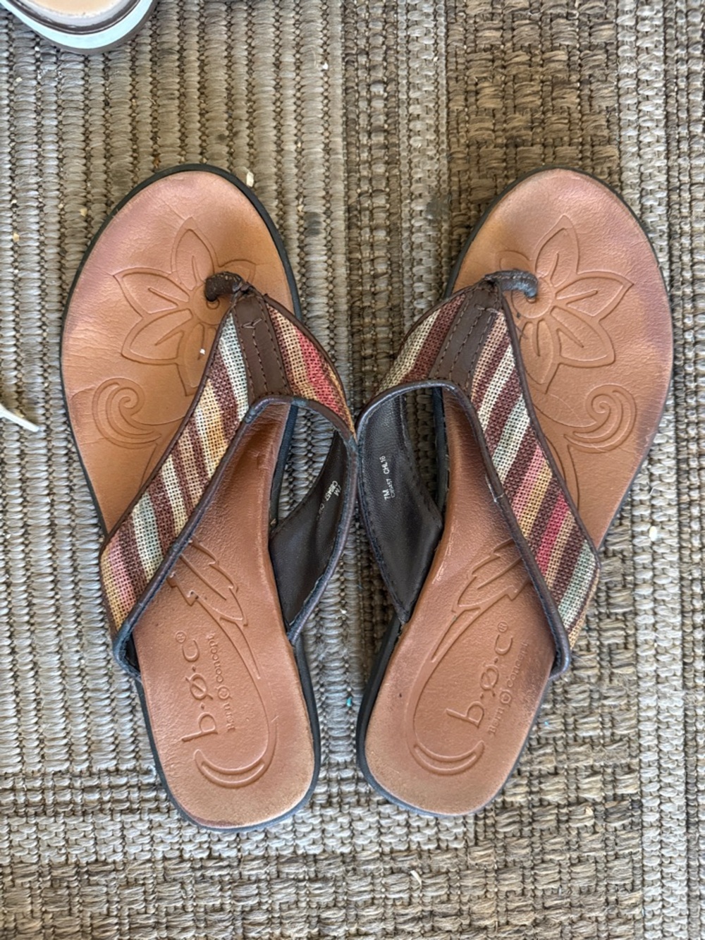boc Striped Fabric & Brown Leather Thong Sandals